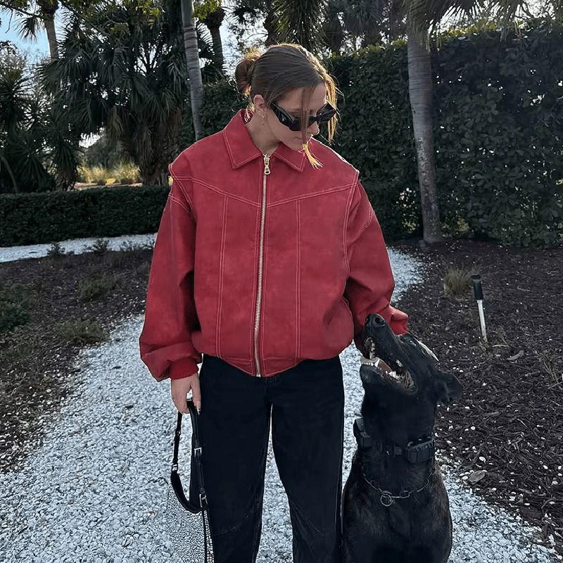 OLANE Oversized Contrast Faux Leather Jacket RedSWomen's Coats & Jackets
