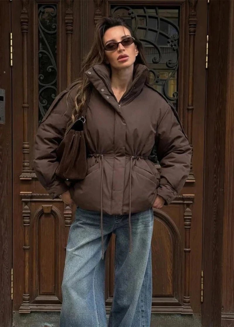 OLANE Oversized Drawstring Waist Puffer Jacket BrownLWomen's Coats & Jackets