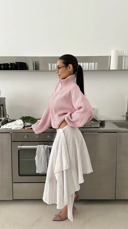 OLANE Oversized Ribbed Zip-Up Sweater PinkSCardigan