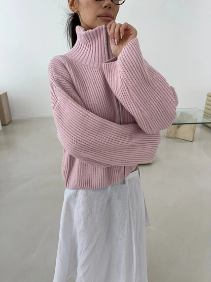 OLANE Oversized Ribbed Zip-Up Sweater PinkSCardigan