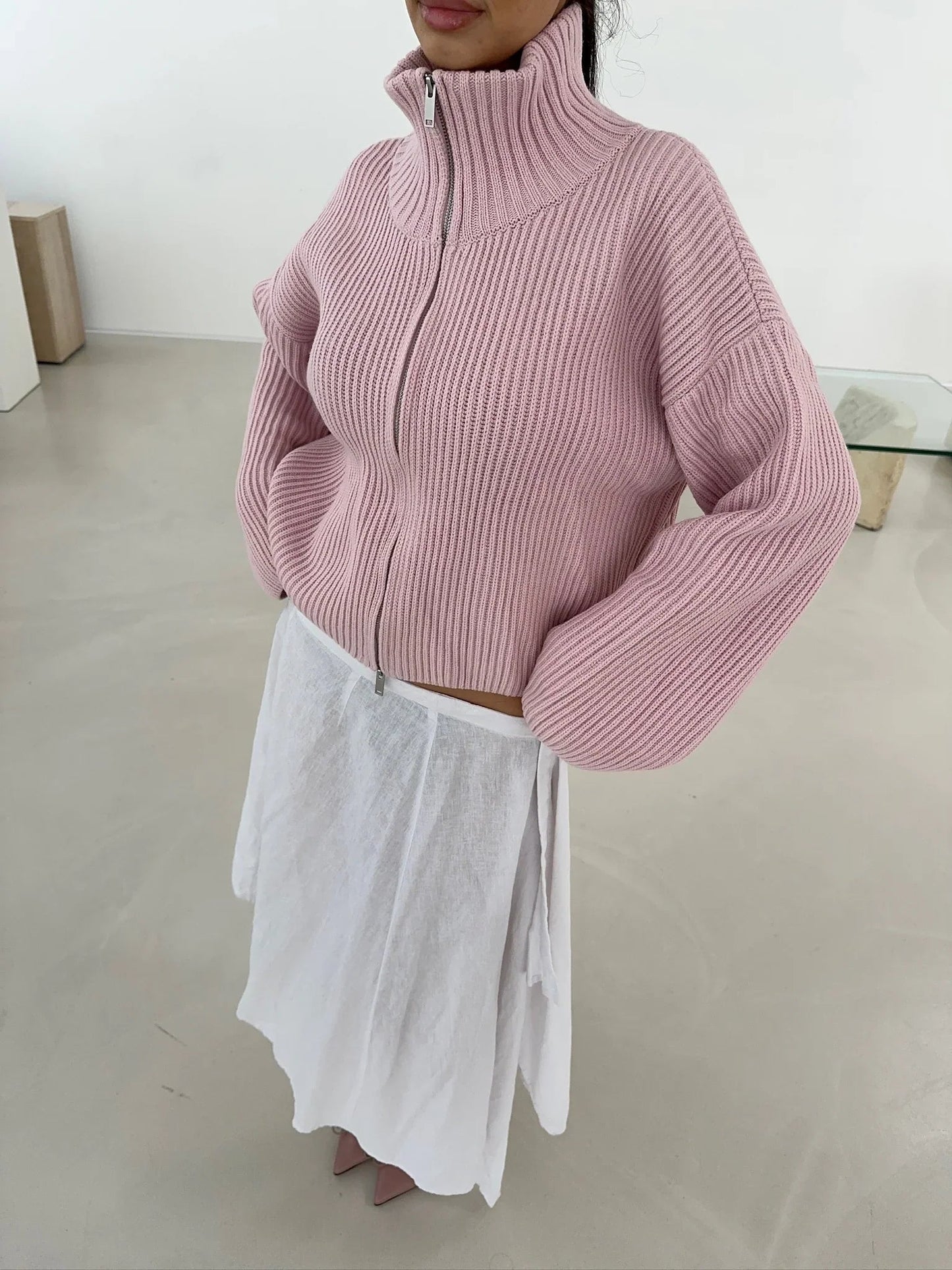 OLANE Oversized Ribbed Zip-Up Sweater PinkSCardigan