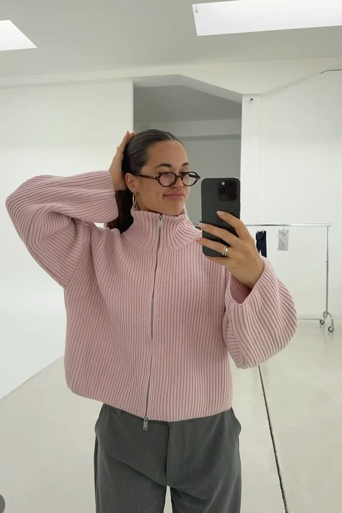 OLANE Oversized Ribbed Zip-Up Sweater PinkSCardigan