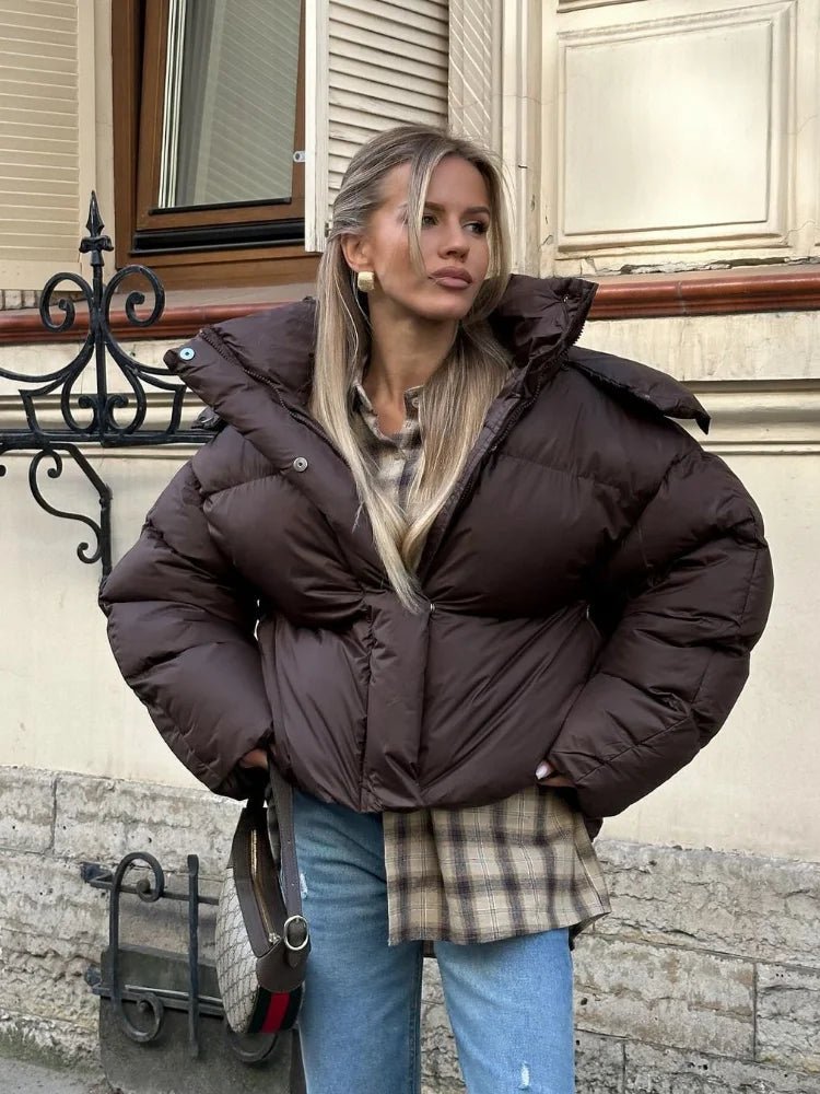 OLANE Oversized Short Hooded Puffer Jacket BrownSWomen's Coats & Jackets