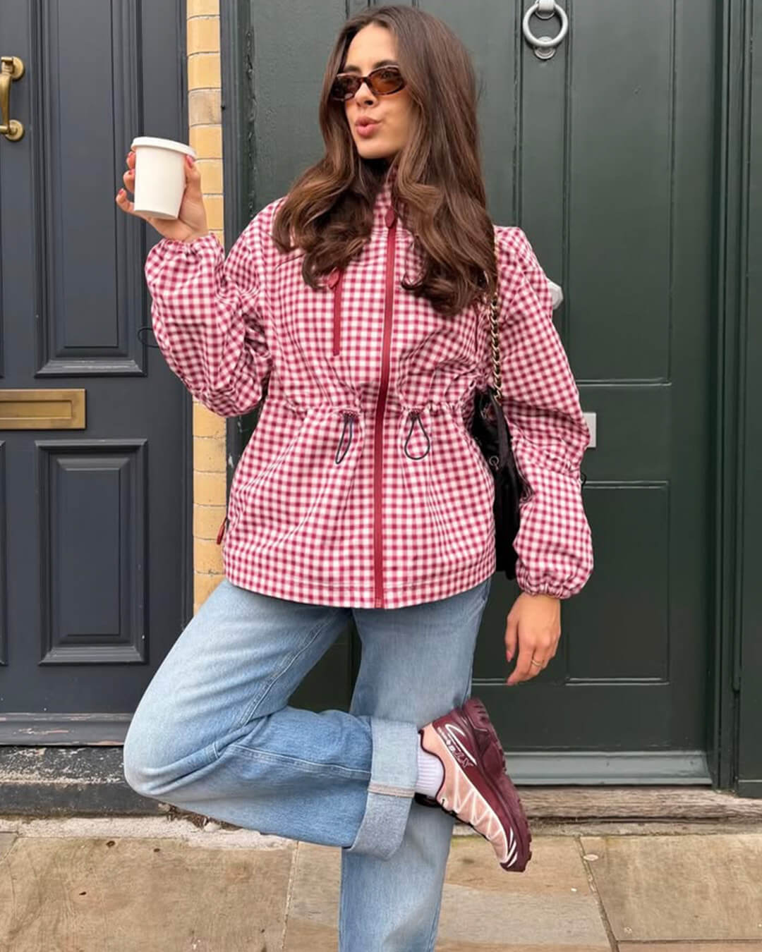 OLANE Plaid Drawstring Hooded Trench Jacket RedXSWomen's Coats & Jackets