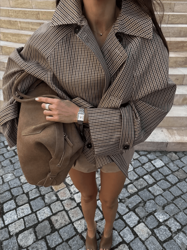 OLANE Plaid Funnel Collar Trench Coat PlaidMCoat