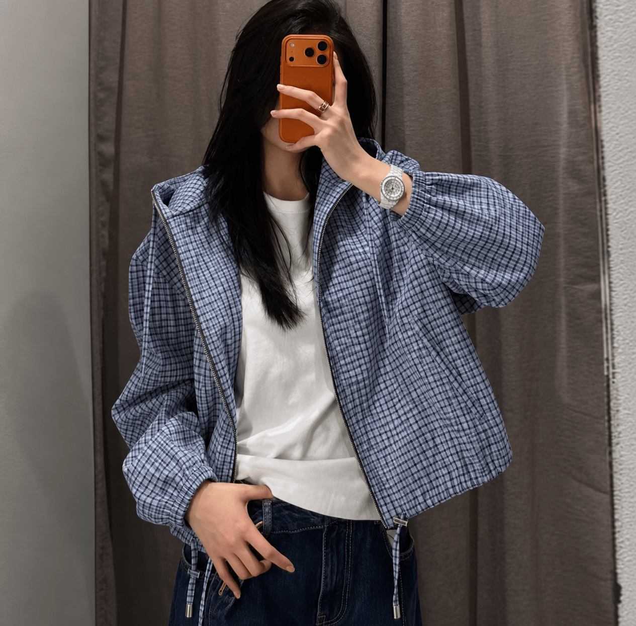 OLANE Plaid Hooded Cropped Jacket BlueXSWomen's Coats & Jackets