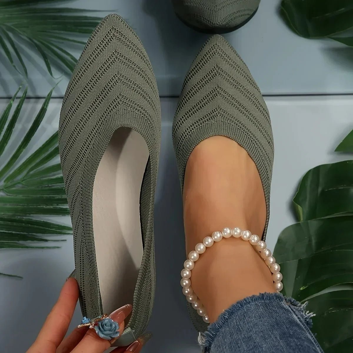 OLANE Pointed Toe Knitted Ballet Flats Olive Green35Women's Shoes