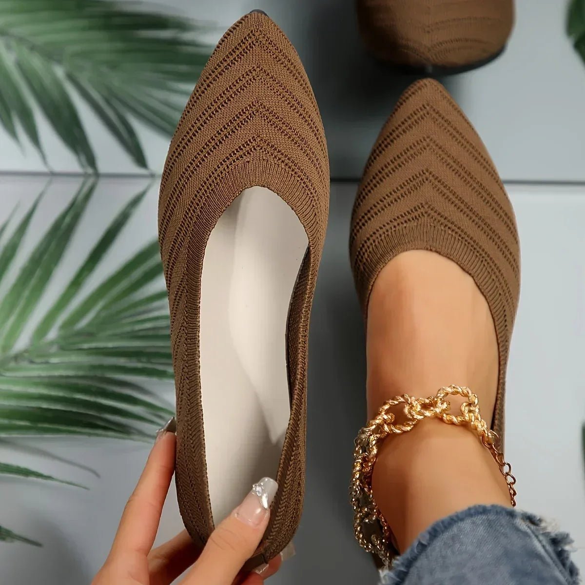OLANE Pointed Toe Knitted Ballet Flats Tan35Women's Shoes