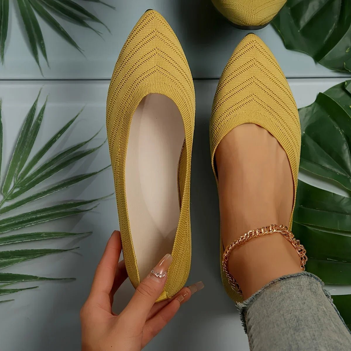 OLANE Pointed Toe Knitted Ballet Flats Yellow35Women's Shoes