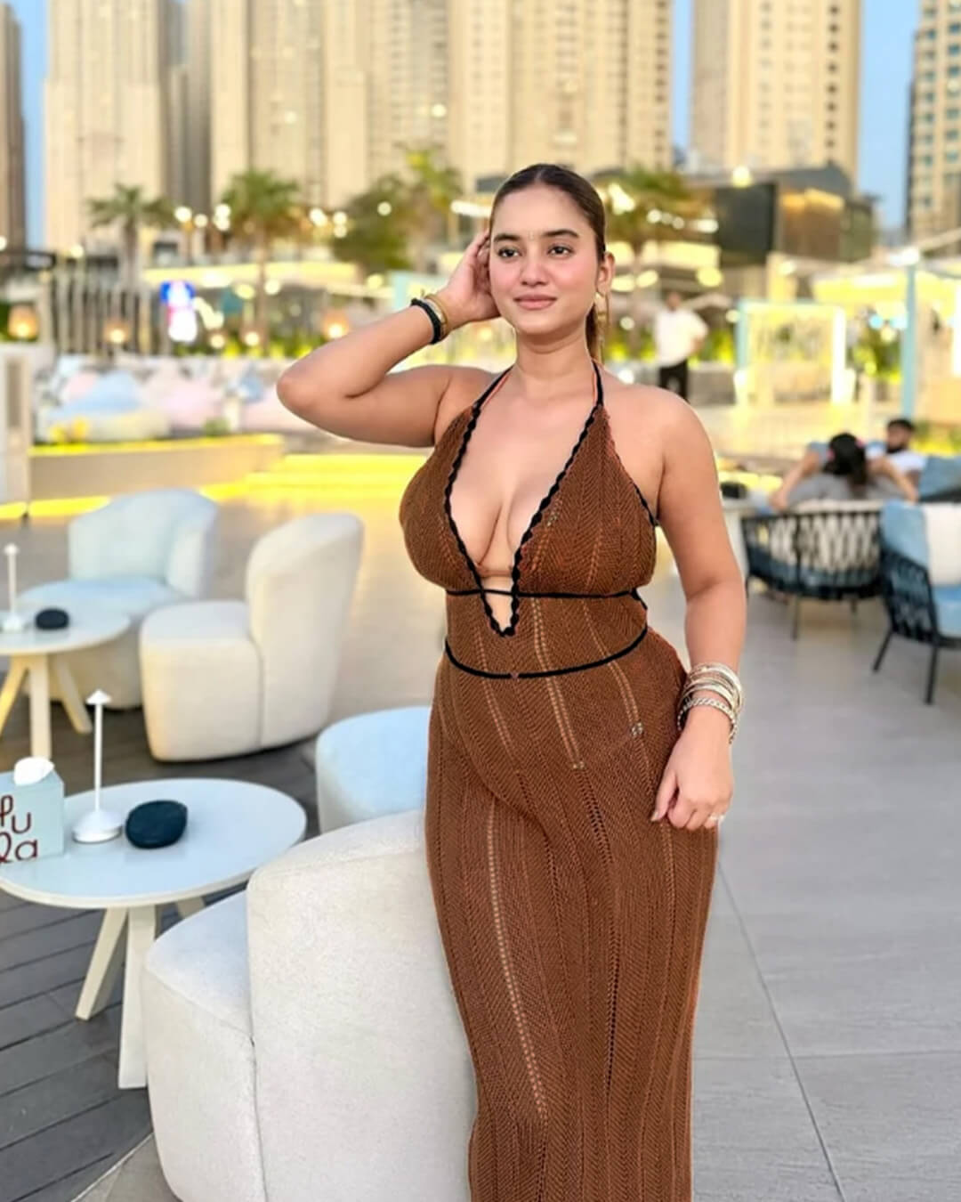 OLANE Rachel Lace Up Halter Maxi Dress BrownXSWomen’s Dresses