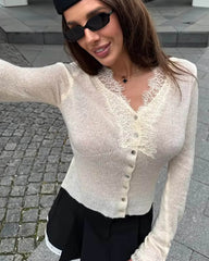 Cardigan romantique boutonné à col en V et bordure en dentelle