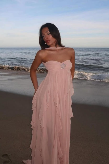 OLANE Romantic Strapless Ruffled Maxi Dress Baby PinkSWomen's Dresses
