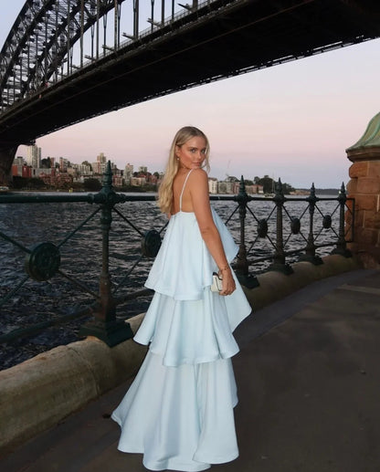 OLANE Romantic Tiered Ruffle Satin Maxi Dress BlueMWomen’s Dresses