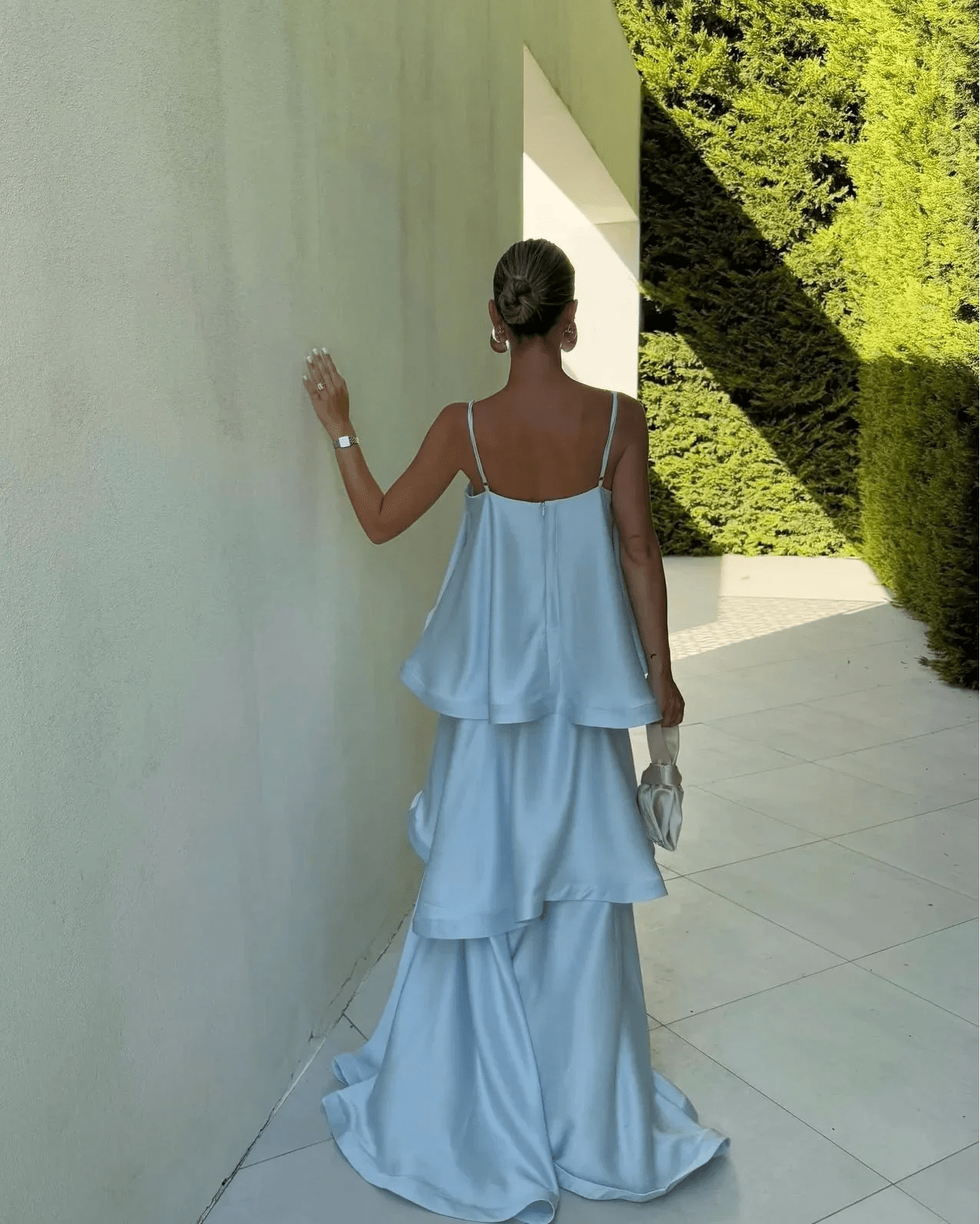 OLANE Romantic Tiered Ruffle Satin Maxi Dress BlueMWomen’s Dresses