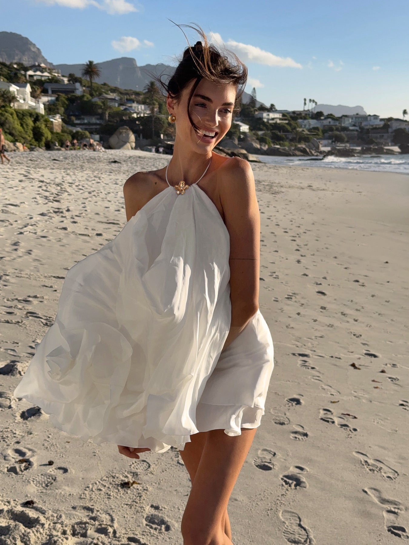 OLANE Ruffle Halter Backless Beach Dress WhiteMWomen's Dresses