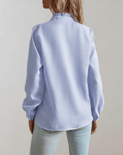 OLANE Ruffled Stand - Up Collar Loose - Fitting Blouse BlueLWomen's Tops