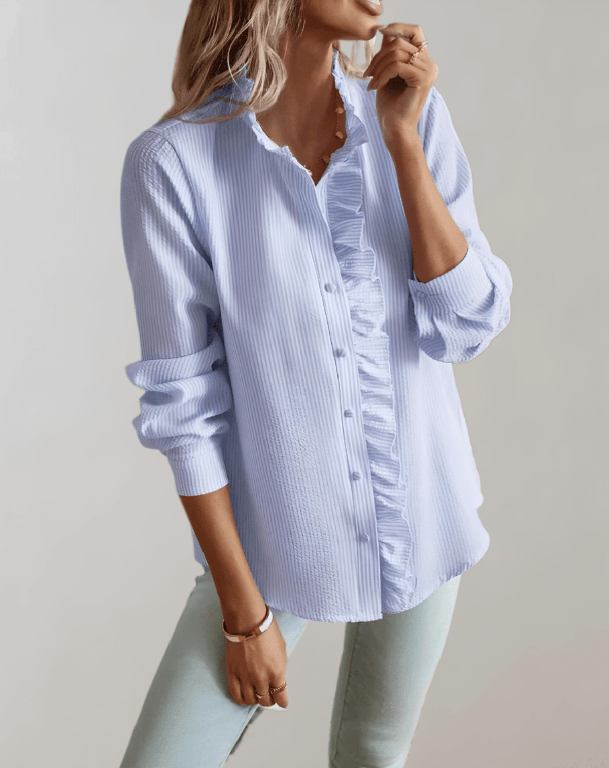 OLANE Ruffled Stand - Up Collar Loose - Fitting Blouse BlueMWomen's Tops