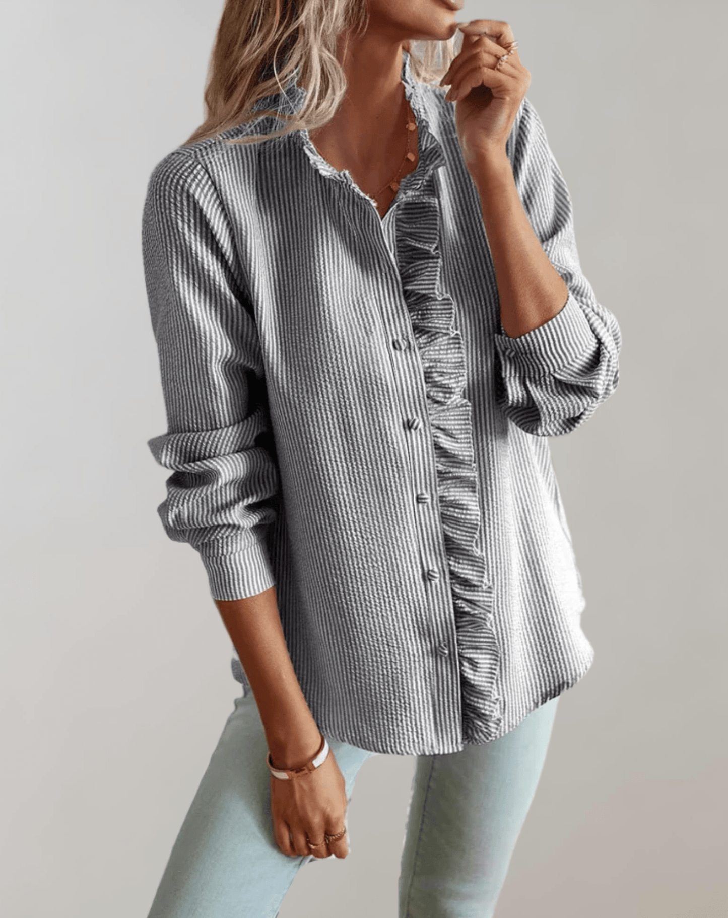 OLANE Ruffled Stand - Up Collar Loose - Fitting Blouse GraySWomen's Tops