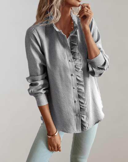 OLANE Ruffled Stand - Up Collar Loose - Fitting Blouse GraySWomen's Tops