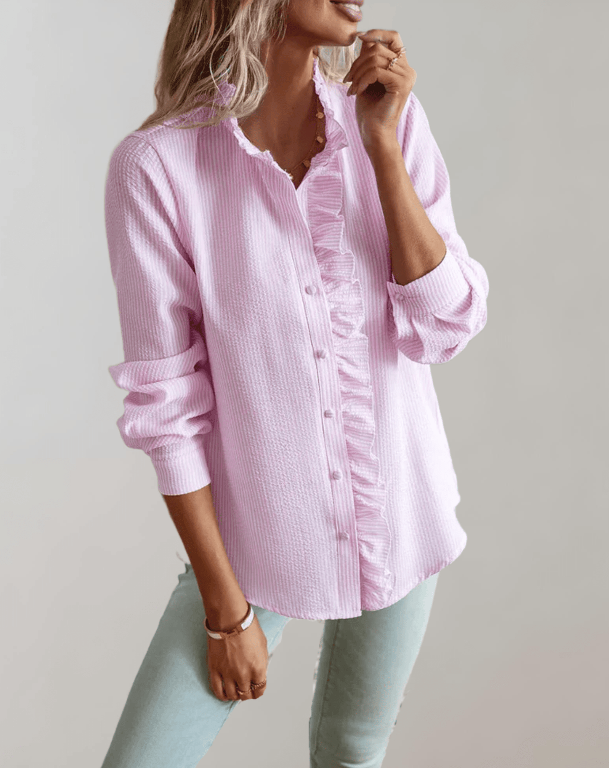 OLANE Ruffled Stand - Up Collar Loose - Fitting Blouse PinkSWomen's Tops