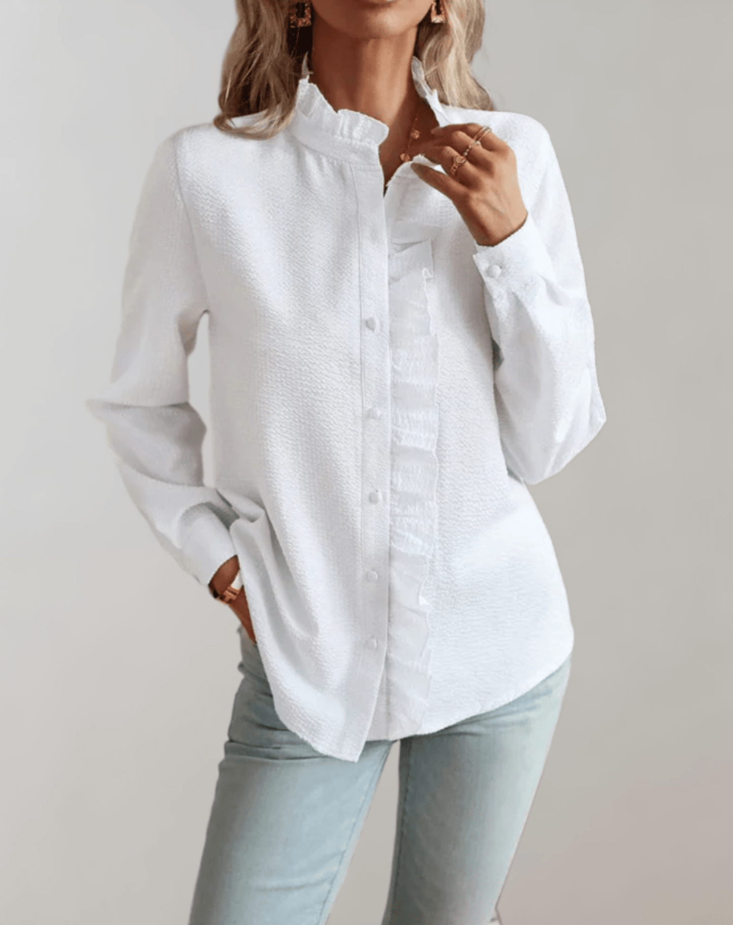OLANE Ruffled Stand - Up Collar Loose - Fitting Blouse WhiteMWomen's Tops
