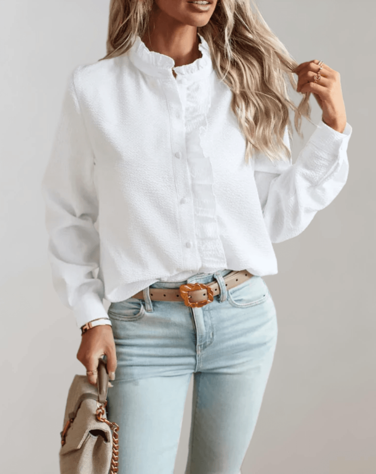 OLANE Ruffled Stand - Up Collar Loose - Fitting Blouse WhiteSWomen's Tops