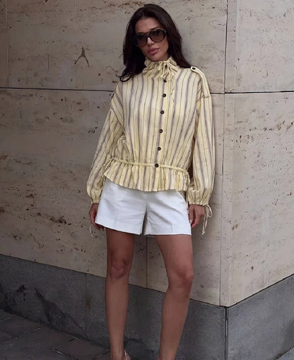 OLANE Ruffles Stand Collar Striped Jacket SWomen's Coats & Jackets
