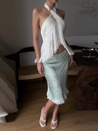OLANE Satin Fringed Halter Backless Top WhiteSWomen’s Tops