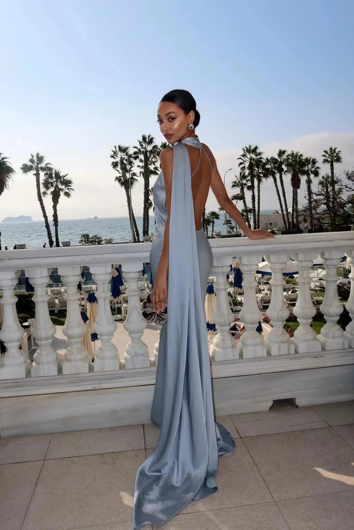 OLANE Satin Ribbon Backless Evening Gown BlackSWomen's Dresses