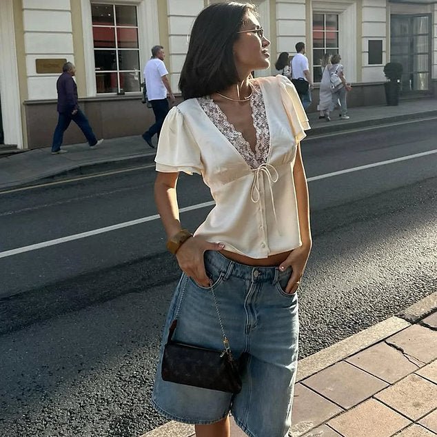 OLANE Short Sleeves Lace Satin Button Blouse BeigeSWomen’s Tops