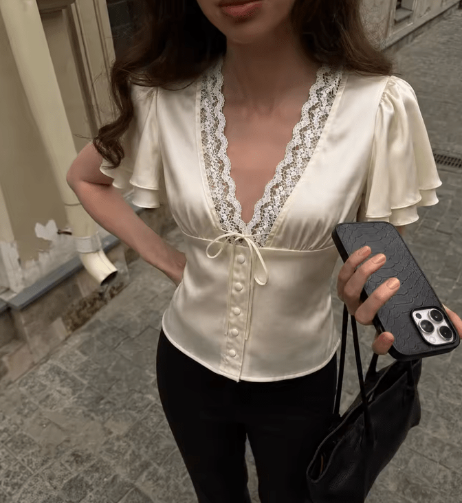 OLANE Short Sleeves Lace Satin Button Blouse BeigeXSWomen’s Tops