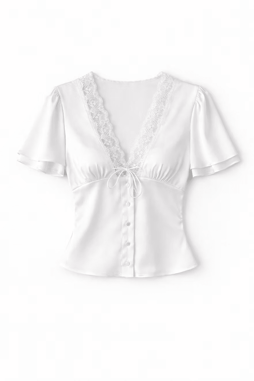 OLANE Short Sleeves Lace Satin Button Blouse WhiteXSWomen’s Tops