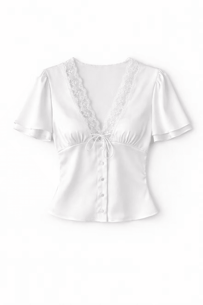 OLANE Short Sleeves Lace Satin Button Blouse WhiteXSWomen’s Tops