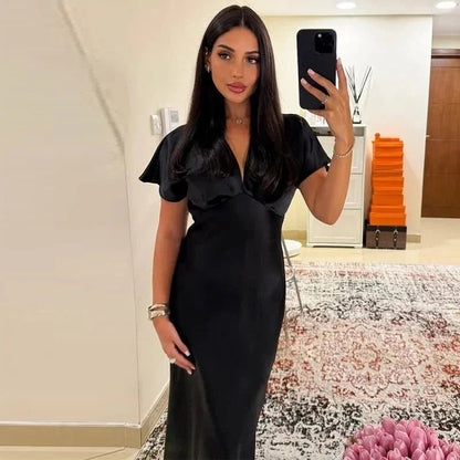 OLANE Short Sleeves V - Neck Satin Midi Dress BlackSWomen's Dresses