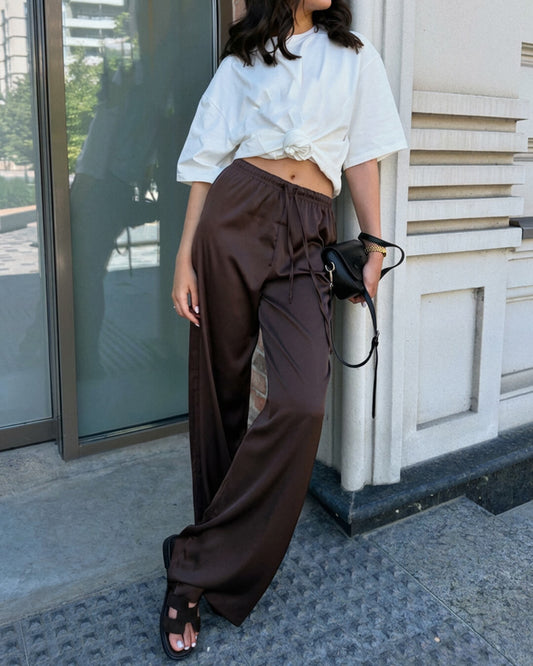 OLANE Sienna High Waist Satin Wide Leg Trousers BrownSPants