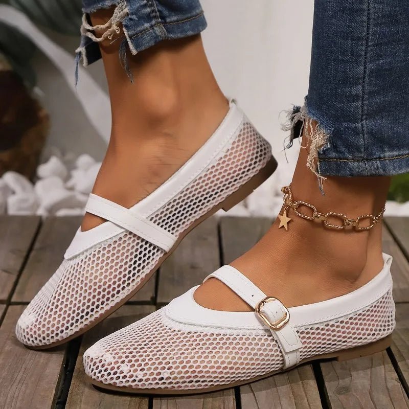 OLANE Simona Mesh Mary Jane Ballet Flats White36Women's Shoes