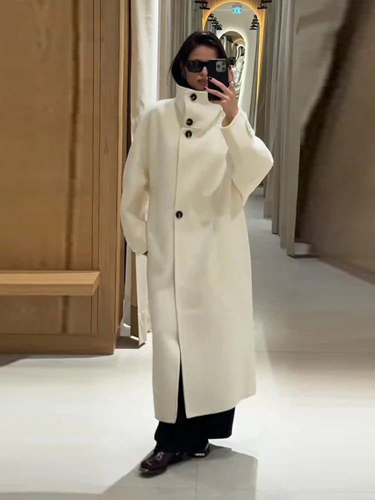 OLANE Single Breasted Stand Collar Long Coat IvorySWomen's Coats & Jackets