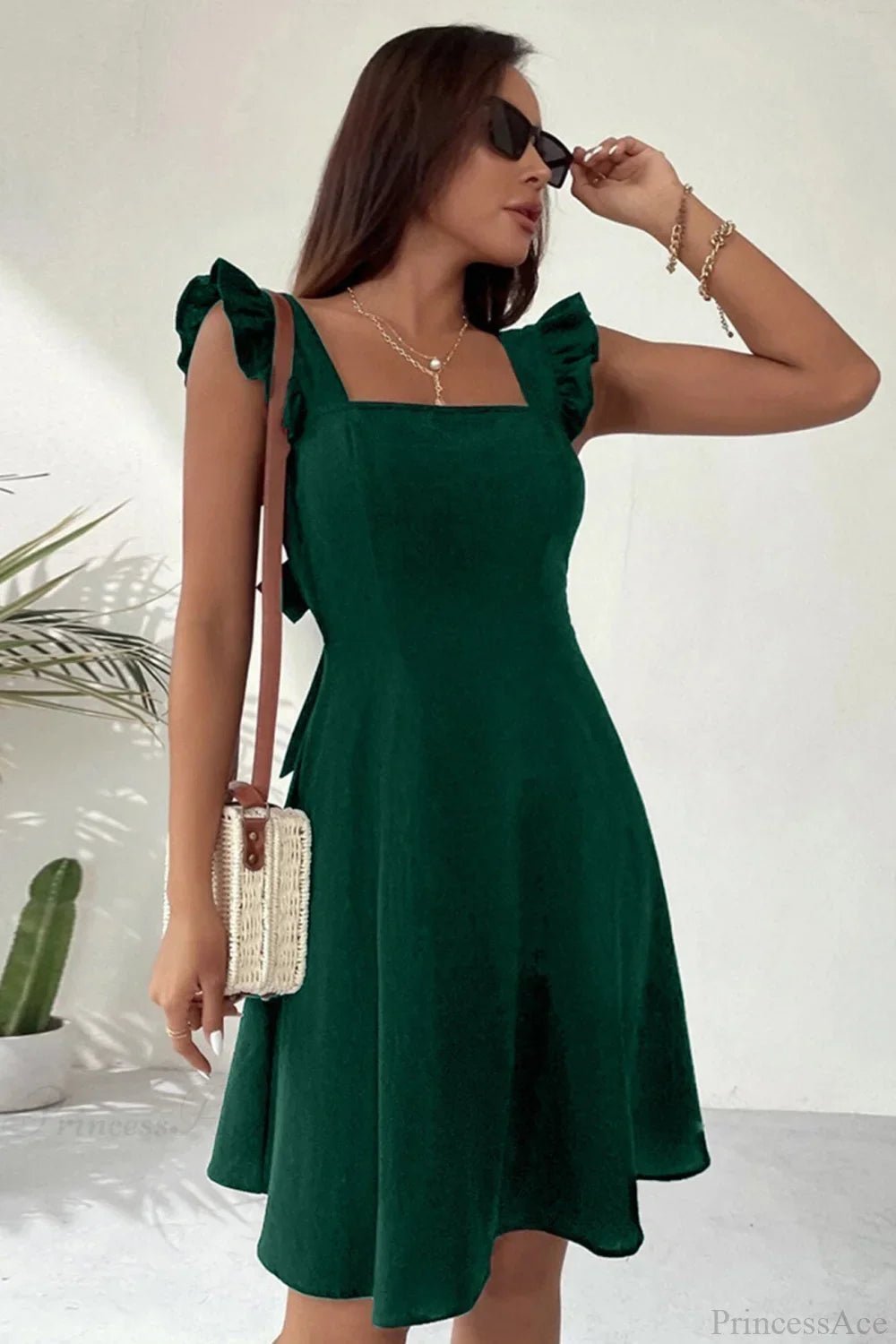 OLANE Sleeveless Ruffle Tie-back Mini Dress Dark GreenXSWomen’s Dresses