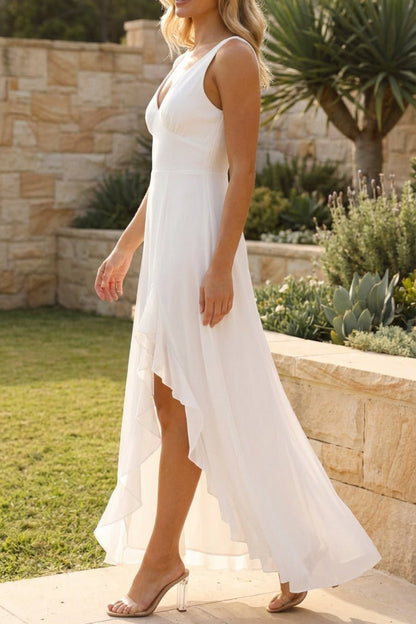 OLANE Sleeveless Ruffled Slit Maxi Dress WhiteSWomen's Dresses
