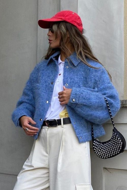 OLANE Snap Button-Up Cropped Jacket BlueSWomen's Coats & Jackets