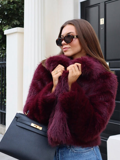 OLANE Soft Open-Front Faux Fur Coat BurgundySCoat