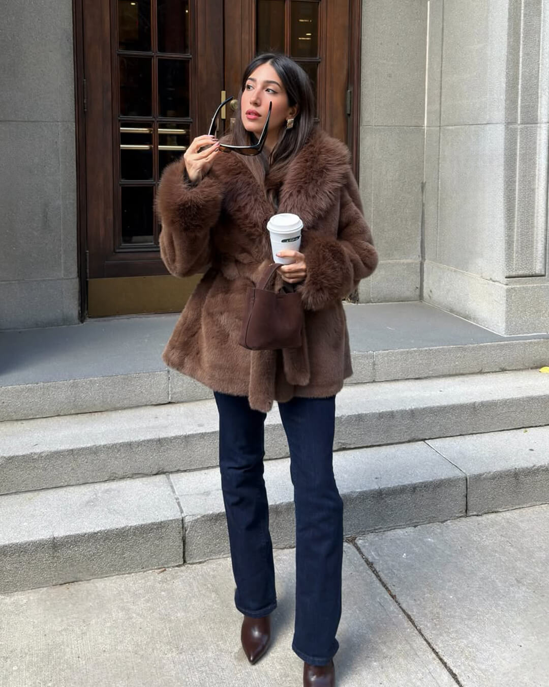 OLANE Soft Plush Faux Fur Trim Coat BrownSWomen's Coats & Jackets