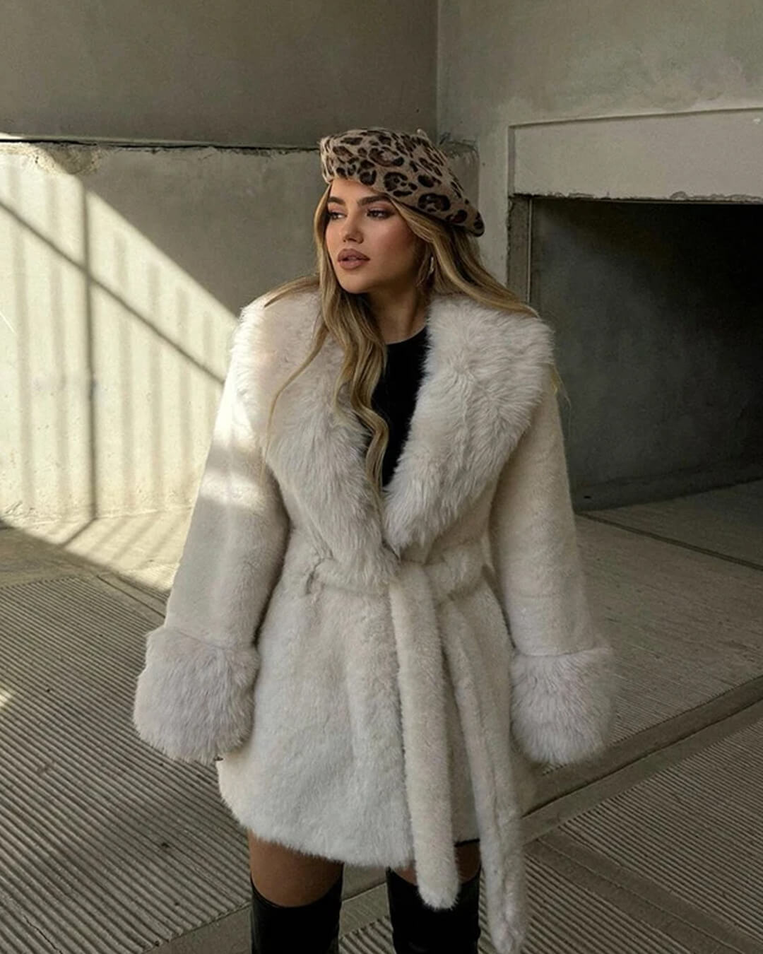OLANE Soft Plush Faux Fur Trim Coat WhiteSWomen's Coats & Jackets
