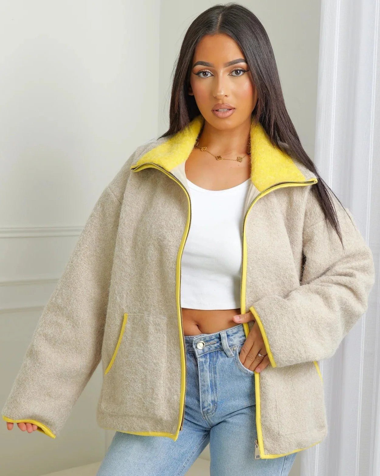 OLANE Stand Collar Contrast Knit Pilot Jacket GreySJacket