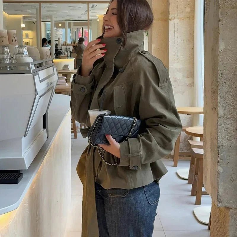 OLANE Stand Up Collar Belted Trench Coat Women's Coats & Jackets
