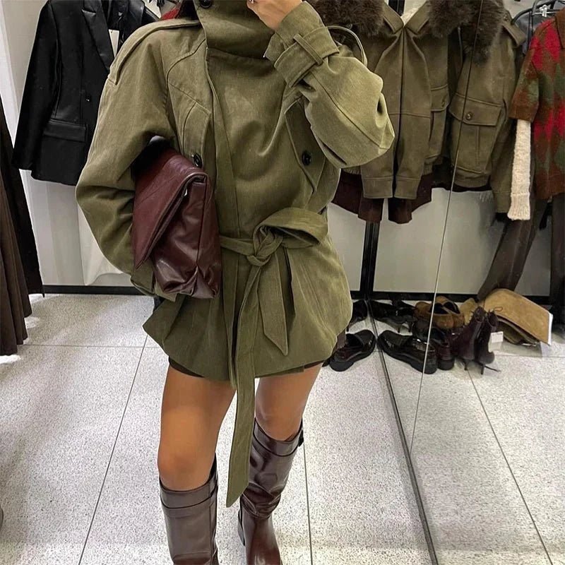 OLANE Stand Up Collar Belted Trench Coat Women's Coats & Jackets