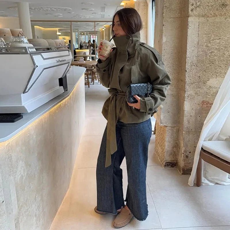 OLANE Stand Up Collar Belted Trench Coat Women's Coats & Jackets