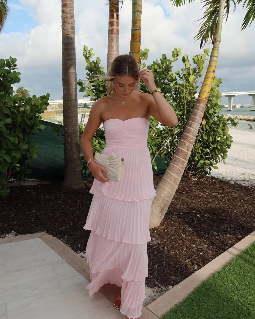 OLANE Strapless Pleated Tiered Maxi Dress SWomen's Dresses