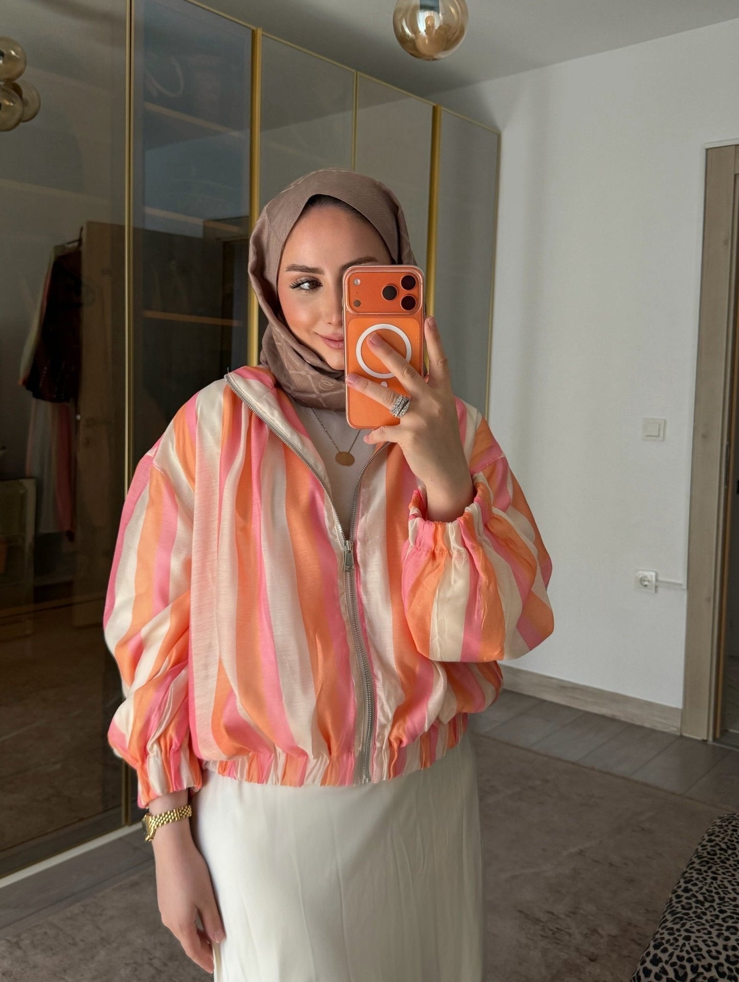 OLANE Striped High Neck Bomber Jacket MWomen's Coats & Jackets