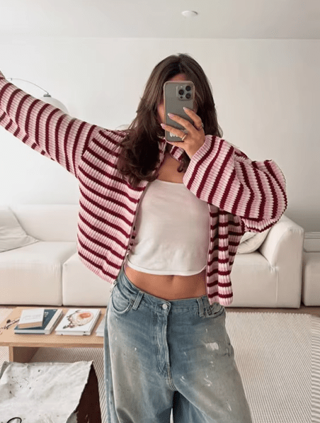 OLANE Striped Knit Zip Sweater RedSWomen's Sweaters & Cardigans